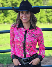 Load image into Gallery viewer, Pullover Button Up Hot Pink Leopard Jersey Black Trim