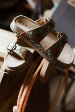 Load image into Gallery viewer, Meadow Sky Handtooled Leather Sandals in Sagewave Blue