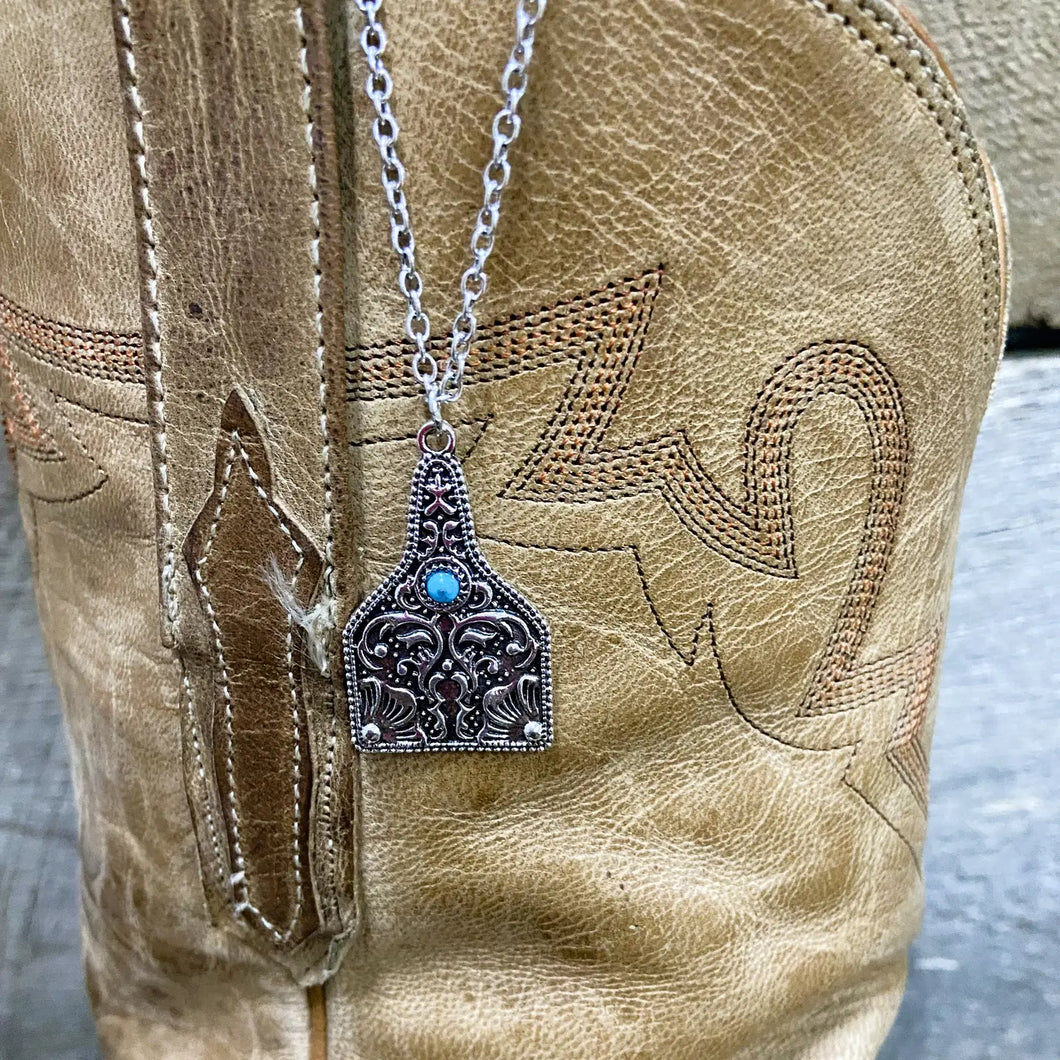 Tooled Silver Cowtag with Turquoise Accent Necklace