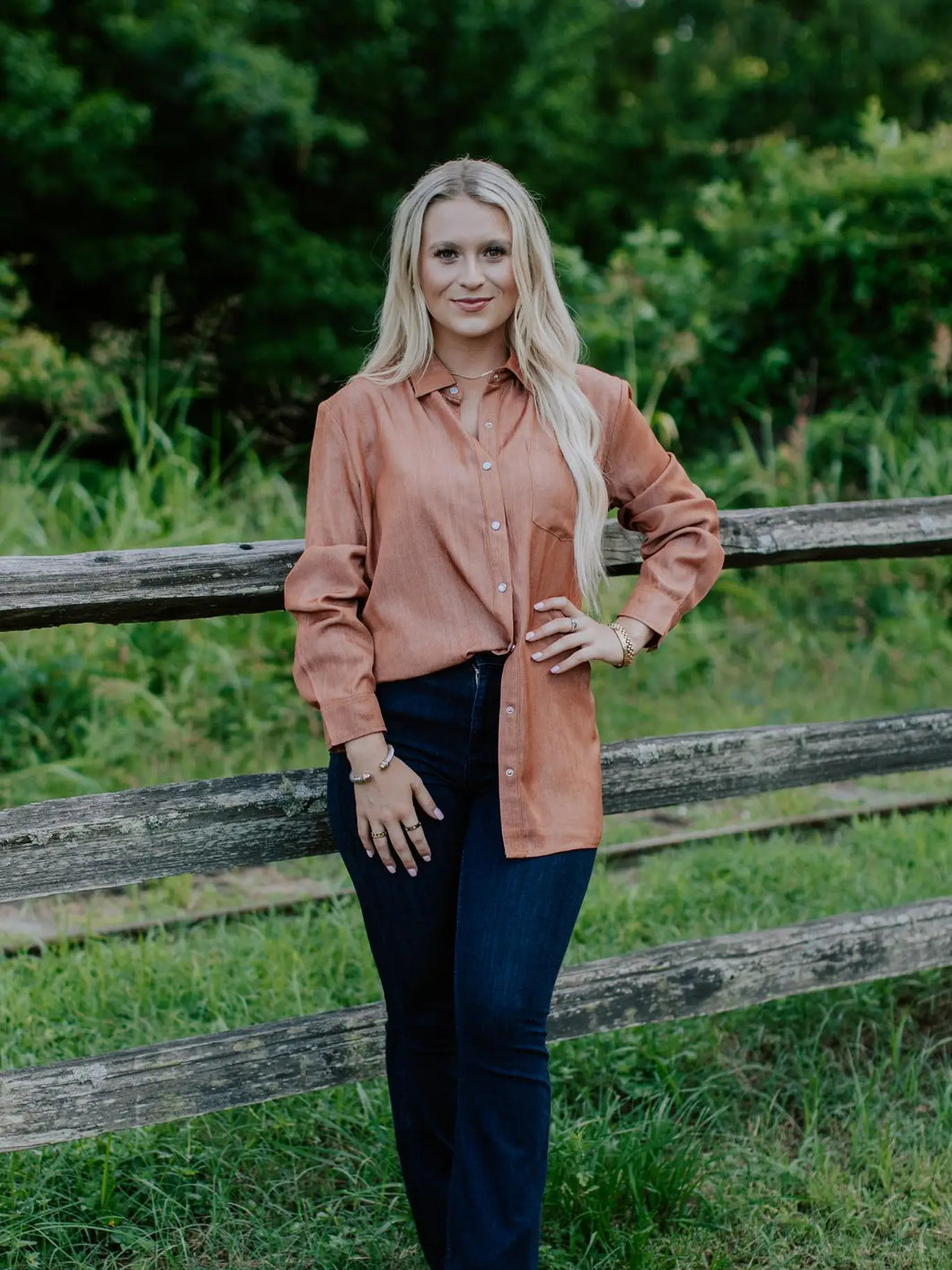 Pearl Snap Button Up Shirt (Rust)