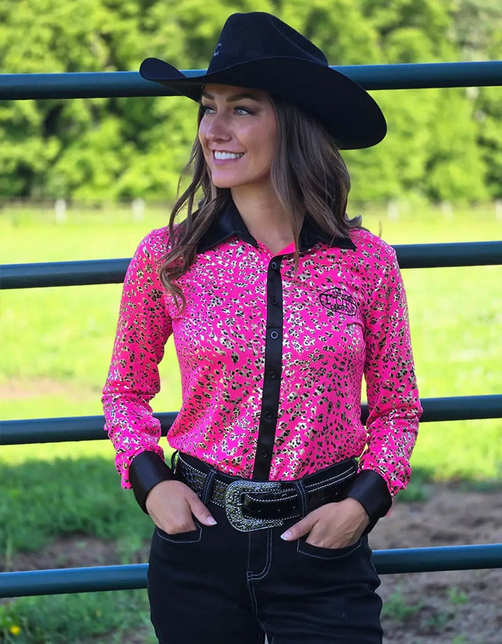 Pullover Button Up Hot Pink Leopard Jersey Black Trim