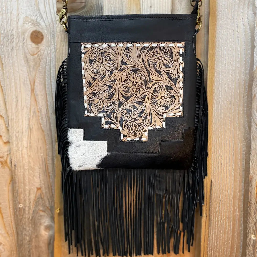 Black Fringe Cowhide Tooled Leather Crossbody