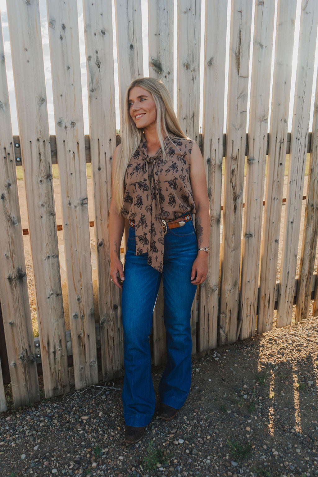 Bucking Horses Print Tie Front Woven Top