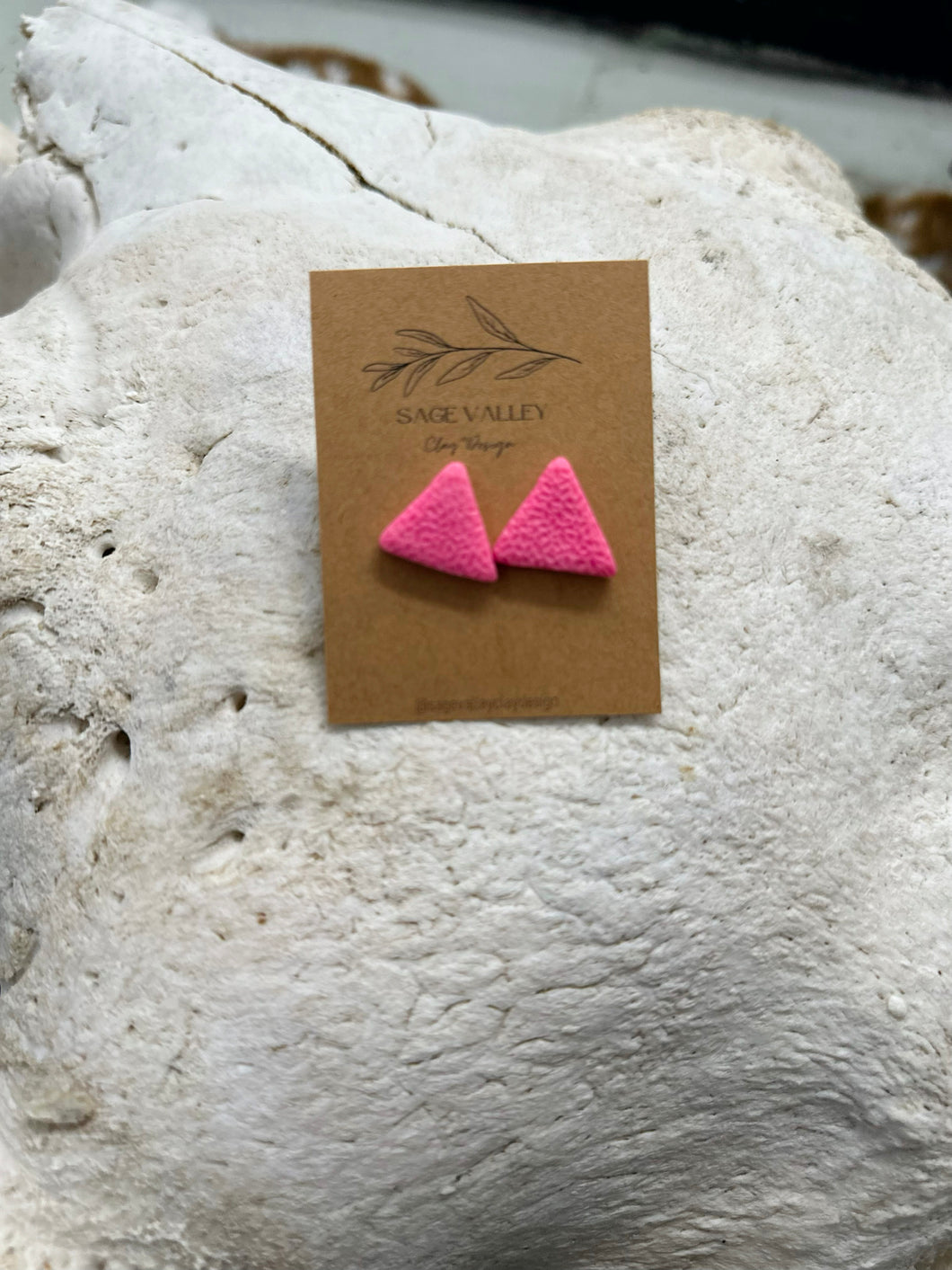 Pink Textured Boho Triangular Clay Stud Earrings