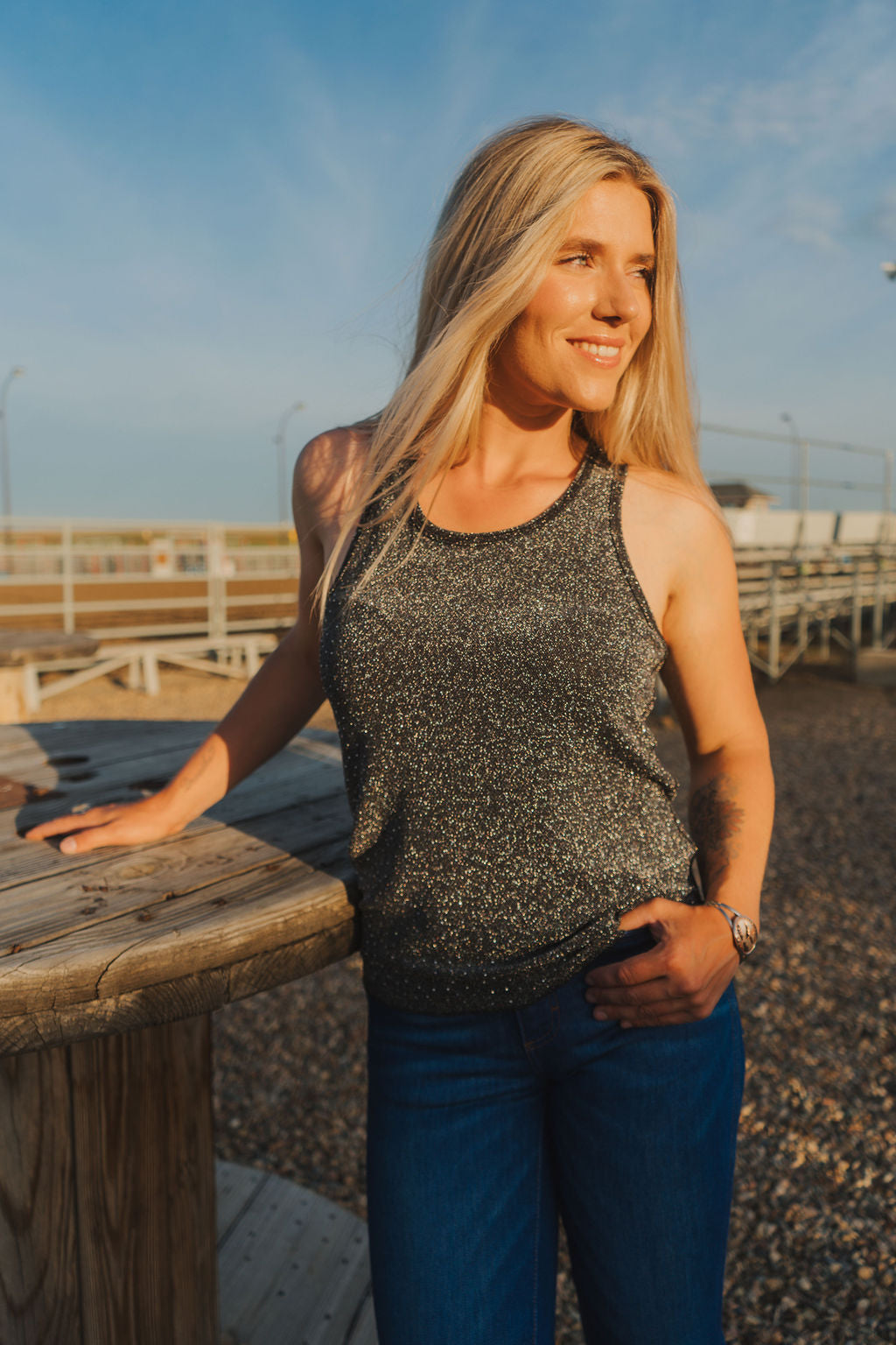 Flowy Tank Top with Silver Crystals Stretch