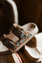 Load image into Gallery viewer, Meadow Sky Handtooled Leather Sandals in Sagewave Blue
