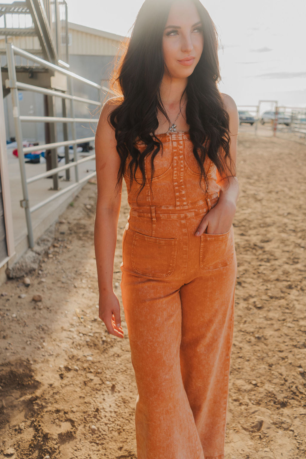 Boho Mineral Rust Wash Wide Leg Denim Jumpsuit
