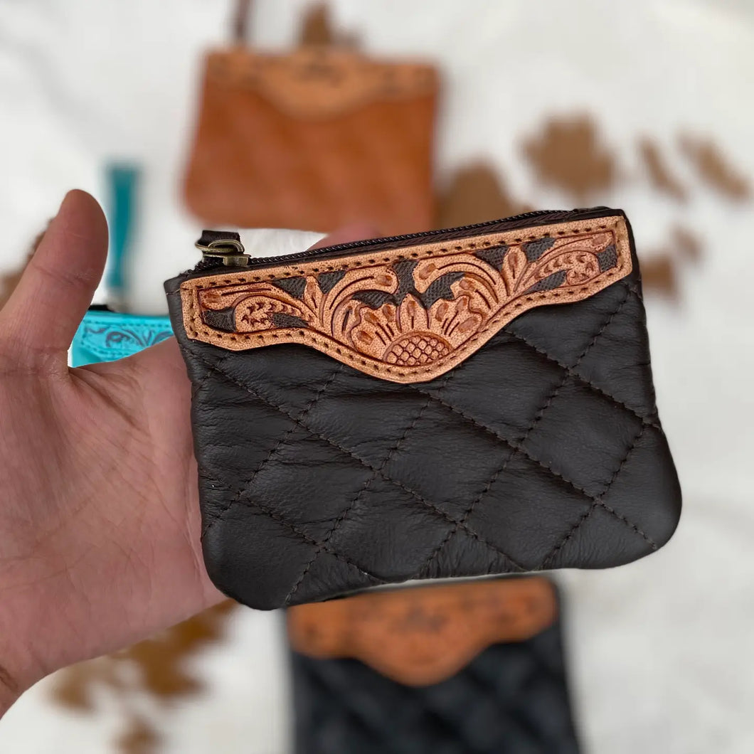 Brown Tooled Leather Coin Pouch