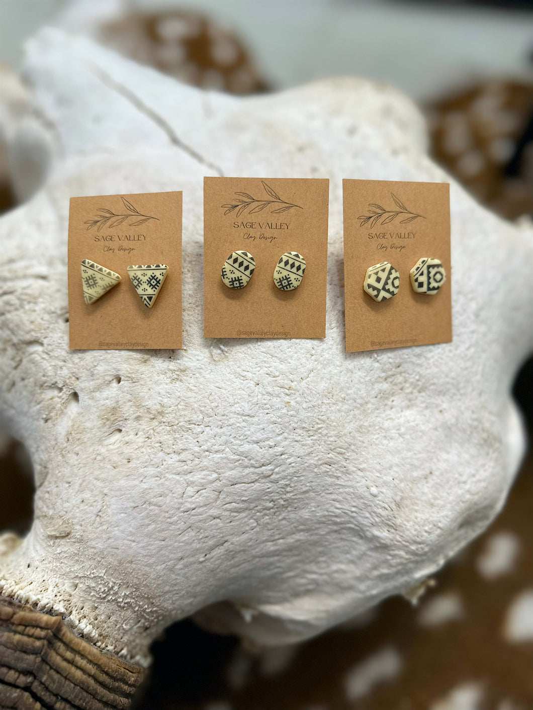 Boho Western White Aztec Silkscreen Stud Earrings