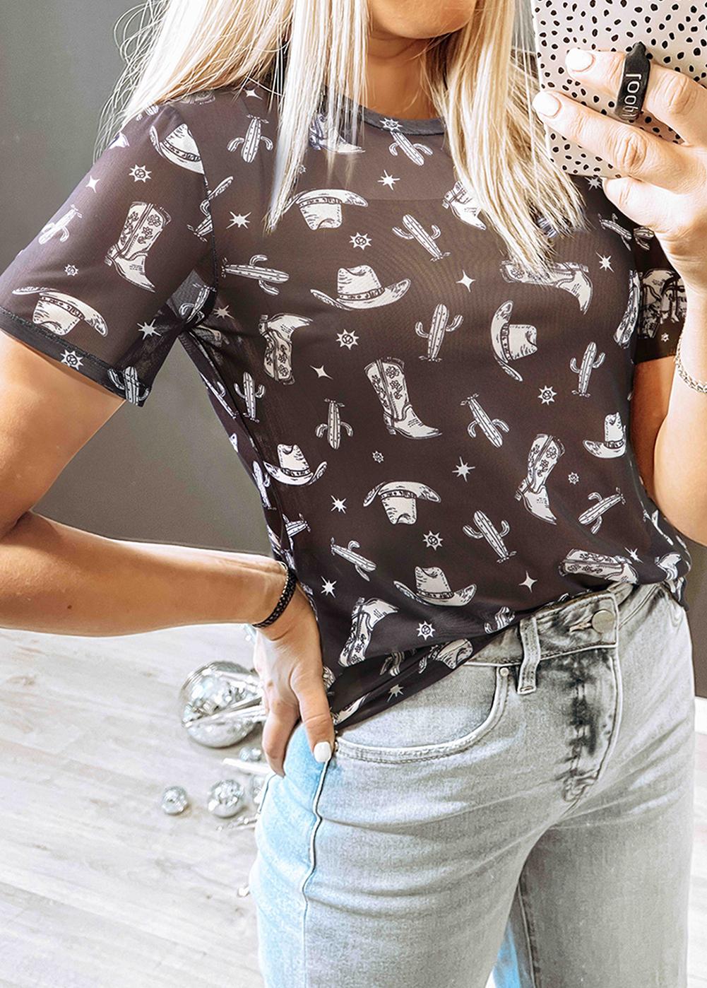 Western Pattern Mesh Sheer Shirt