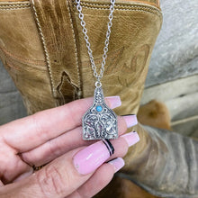 Load image into Gallery viewer, Tooled Silver Cowtag with Turquoise Accent Necklace
