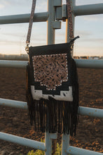 Load image into Gallery viewer, Black Fringe Cowhide Tooled Leather Crossbody
