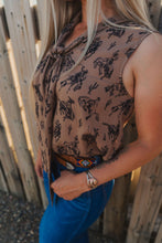 Load image into Gallery viewer, Bucking Horses Print Tie Front Woven Top
