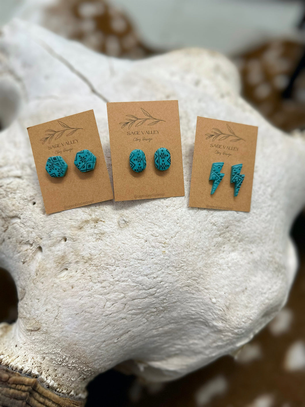 Boho Western Blue Aztec Silkscreen Stud Earrings