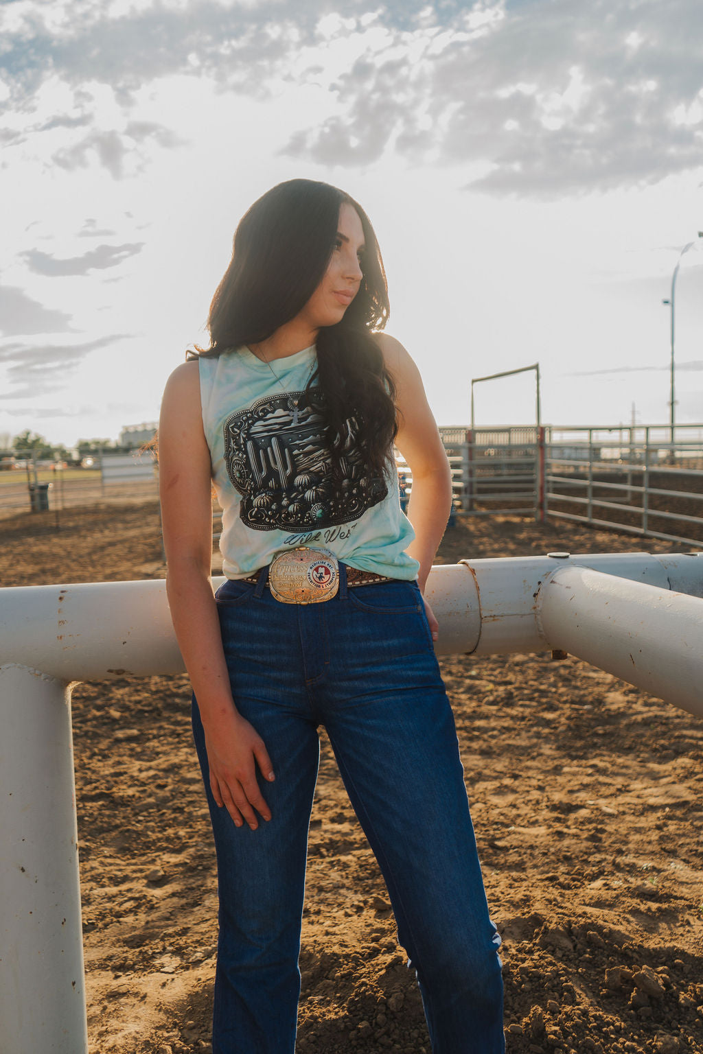 Western Buckle Graphic Tie Dye Tank Top