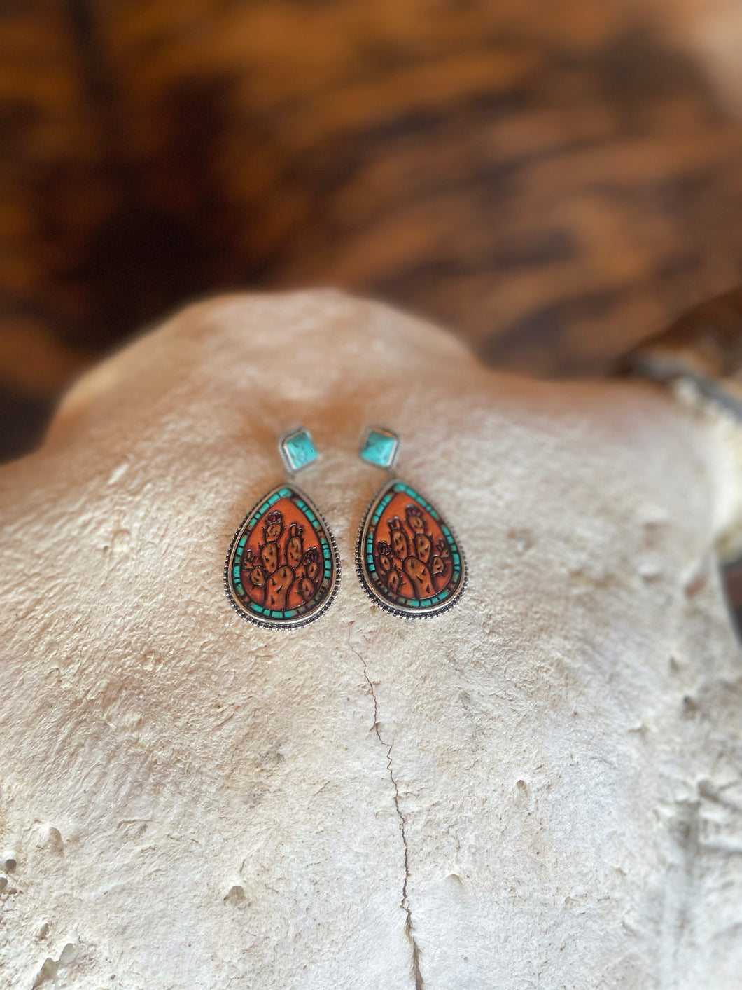 Leather Tooled Cactus Earrings