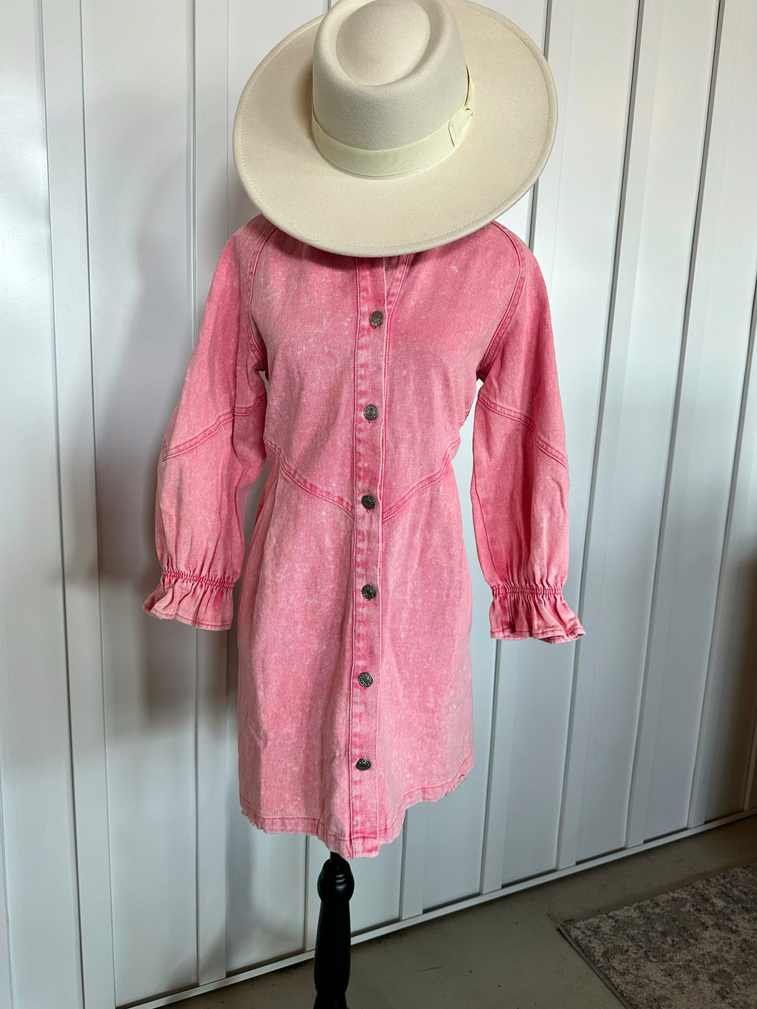 Hot Pink Button Down Washed Denim Shirt Dress