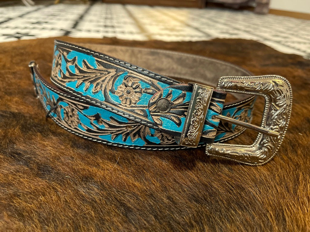 Turquoise Hand-Tooled Leather Belt